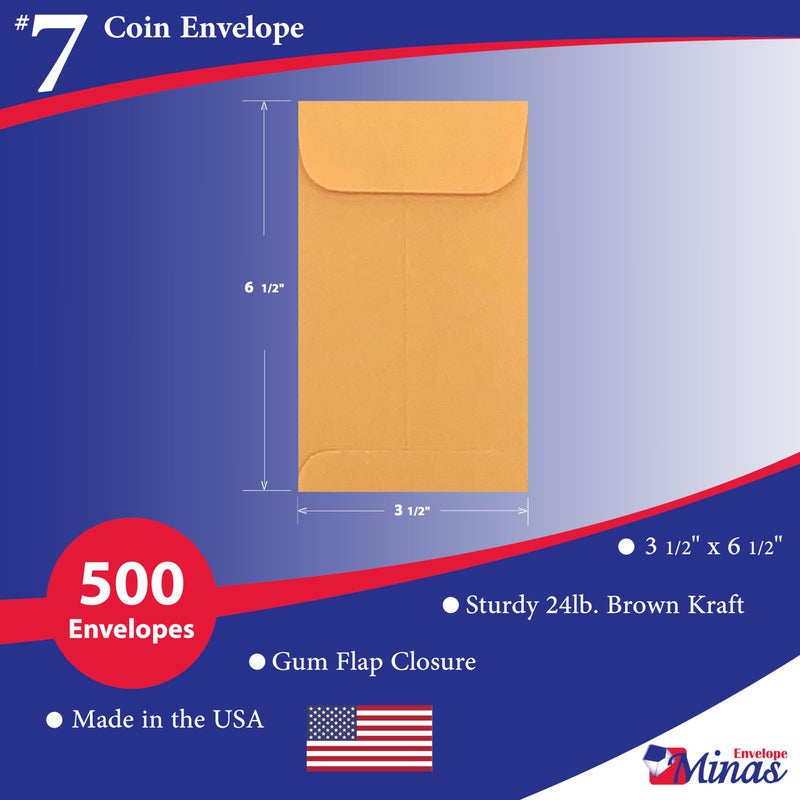 Minas Envelope 500 Minas Envelope - #7 Coin and Cash Envelopes, 24lb Kraft Paper, 3.5 x 6.5 Inches, 500 Count, Gummed Flap, for Storage, Jewelry and Small Parts, 500 Count - Image 2